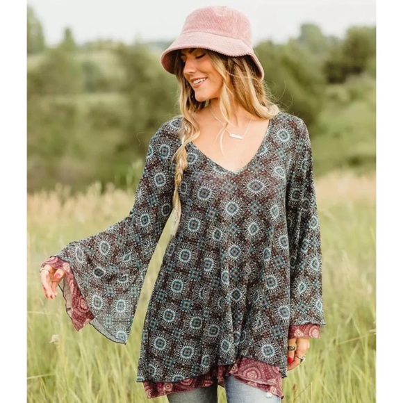Floral Mesh Boho Tunic top/shirt by Gimmick Buckle Size Small - Picture 1 of 11